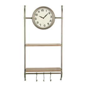 Woven Paths 16" x 5.75" x 32.25" Metal Wall Clock with Natural Wood Shelves and Hooks