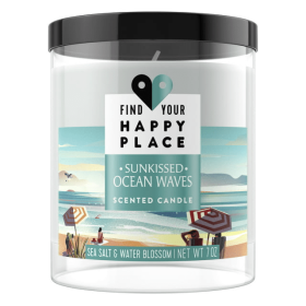 Find Your Happy Place Indoor/Outdoor Ocean Waves Sea Salt and Water Blossom Scented Candle, 3.25" x 3.25" Wax, Black